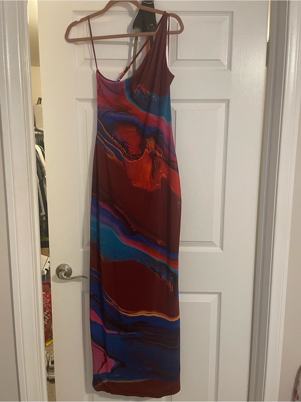 AFRM One-Shoulder Marble-Print Maxi Dress in Red, Blue and Purple